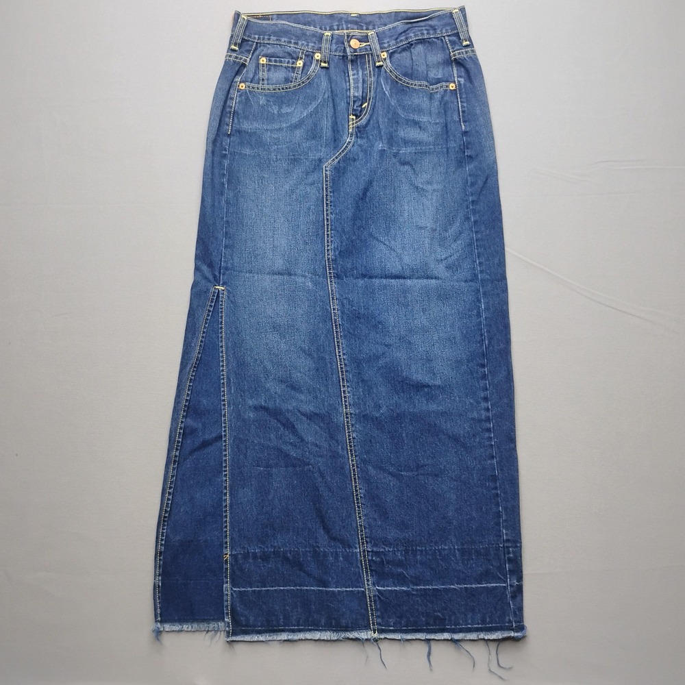 Vintage Levis 501 Style Denim Maxi Skirt Size 8 Blue Made in Hong Kong